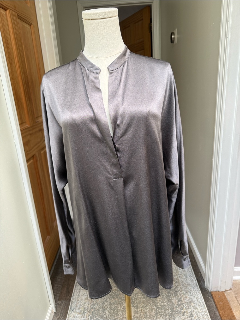 Vince silk band collar blouse in dark gray